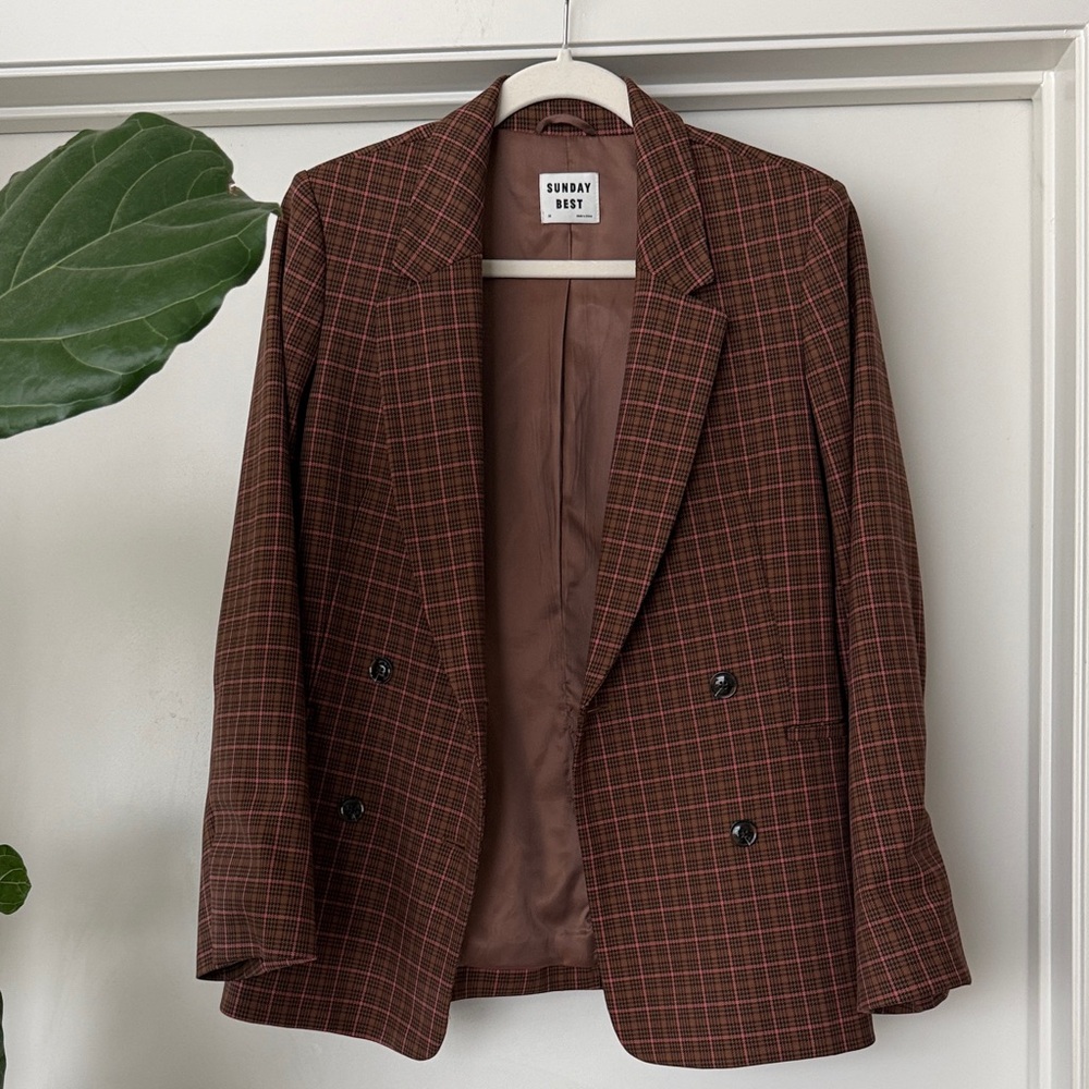Aritzia Brown & Pink Plaid Double-Breasted Blazer size, XS